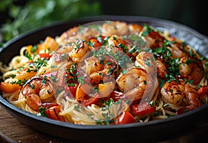 Delicious shrimp scampi dish with linguine pasta cherry tomatoes and parsley