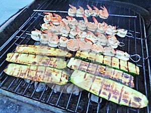 Delicious Shrimp and Zucchini Dinner Roasting on the BBQ Grill