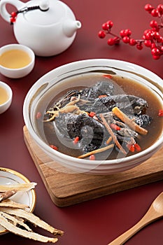 Delicious silky chicken soup with Chinese herbal medicine