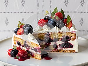 Delicious Slice of Berry Sponge Cake with Creamy Topping