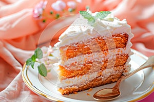 Delicious slice of carrot cake with cream frosting on a white plate