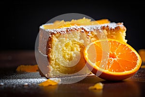 Delicious slice of orange cake on dark background