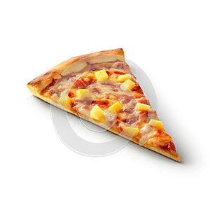 Delicious slice of pizza served on wooden plate isolated on white