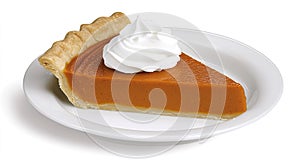 Delicious Slice of Pumpkin Pie With Whipped Cream on a White Plate photo