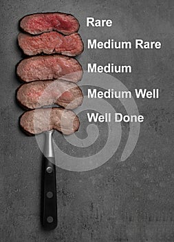 Delicious sliced beef tenderloins with degrees of doneness on grey background, top view