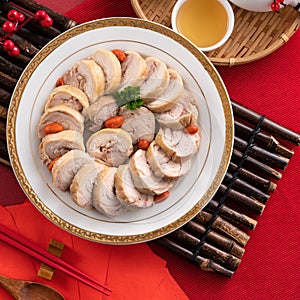 Delicious sliced chicken roll soaked in Chinese wine for lunar new year`s dishes