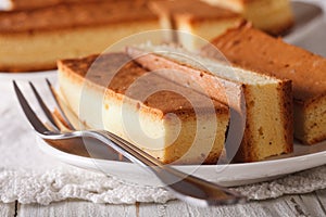 Delicious sliced Japanese Castella cake closeup. horizontal