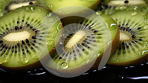 Delicious sliced kiwi close up with water drops