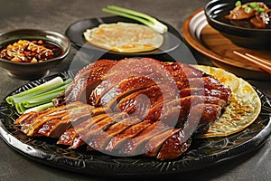 Delicious Sliced Peking Duck Served with Pancakes, Scallions and Hoisin Sauce on a Dark Rustic Table photo