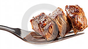 Delicious Slices of Beef Steak on Fork Isolated on White Background