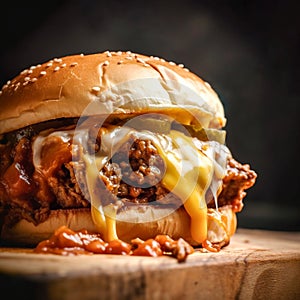 Delicious sloppy Joe ground beef burger with melting cheese and tomato sauce on wooden board. American cuisine fast food