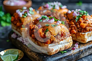 Delicious Sloppy Joes Sandwiches Topped with Fresh Onion and Herbs on Rustic Wooden Board with Lime Wedges photo