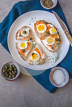 Delicious smoked salmon sourdough toast with goat cream cheese and cut boiled egg, garnished with dill, chives & pickled Capers
