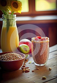 Delicious smoothie garnished with fresh strawberries and muesli in glass. Generative Ai