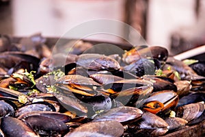Delicious snack for gourmands with mussels in a large frying pan, street food