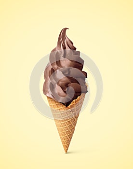 Delicious soft serve chocolate ice cream in crispy cone on beige background