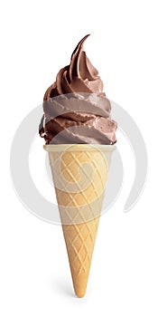 Delicious soft serve chocolate ice cream in crispy cone isolated on white