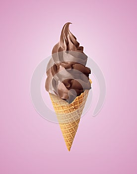Delicious soft serve chocolate ice cream in crispy cone on pastel violet background