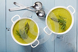 Delicious soup with asparagus. Cream soup of green asparagus with the addition of dill..