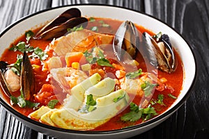 Delicious soup with seafood, corn, celery, tomatoes, carrots and avocado close-up in a bowl. Horizontal