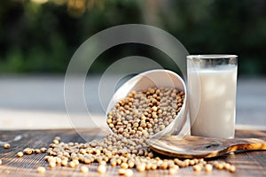 Delicious soy milk on wooden table background