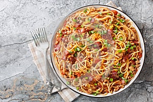 Delicious spaghetti with bacon, minced meat, cheddar cheese, onion and spicy tomato sauce close-up in a plate on the table.