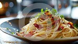 Delicious spaghetti carbonara served on a modern plate photo