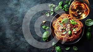 Delicious spaghetti dish with a glass of wine