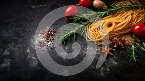 Delicious Spaghetti With Fresh Herbs On Dark Stone Background