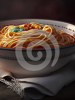 Delicious spaghetti with sauce and spices in bowl