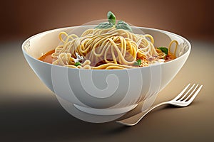 Delicious spaghetti with sauce and spices in bowl