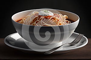 Delicious spaghetti with sauce and spices in bowl