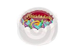 Delicious spanish birthday cream cake on white isolated background. With spanish text Felicidades, in the cake. photo