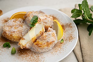 Delicious Spanish dessert LECHE FRITA traditional to prepare for the Easter holiday. photo