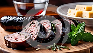 Delicious Spanish morcilla sausage in a dish with herbs and cheese on a wooden table in the kitchen, delicious gourmet food