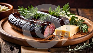 Delicious Spanish morcilla sausage in a dish with herbs and cheese on a wooden table in the kitchen, delicious gourmet food