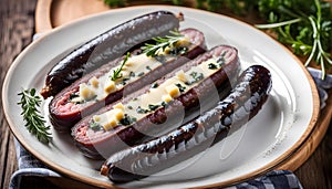 Delicious Spanish morcilla sausage in a dish with herbs and cheese on a wooden table in the kitchen, delicious gourmet food