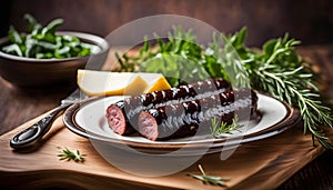 Delicious Spanish morcilla sausage in a dish with herbs and cheese on a wooden table in the kitchen, delicious gourmet food