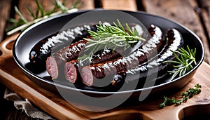 Delicious Spanish morcilla sausage in a dish with herbs and cheese on a wooden table in the kitchen, delicious gourmet food