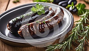 Delicious Spanish morcilla sausage in a dish with herbs and cheese on a wooden table in the kitchen, delicious gourmet food