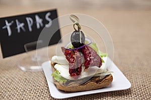 Delicious Spanish tapas, with a rustic mozzarella and dried tomato with olive. TAPAS poster .