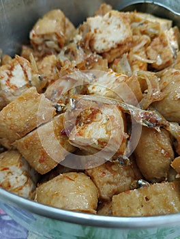 Delicious and special fried tofu, mixed with anchovies. West Kalimantan, Indonesia
