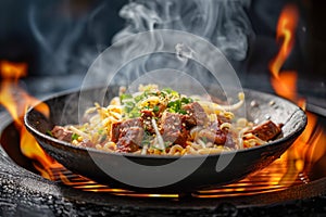 Delicious Spicy Beef Stir Fry with Noodles in Cast Iron Skillet, Steam Rising Against Dark Background with Fiery Flames