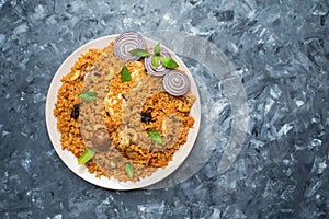 Delicious spicy chicken Biryani, a popular Indian food.