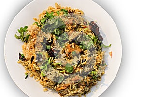 Delicious spicy chicken biryani in white bowl on white background, Indian food.