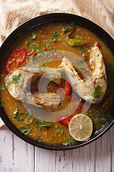 Delicious spicy fish curry with cilantro close up.