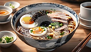 delicious spicy ramen with eggs and meats. japanese food. asian dish. noodle.