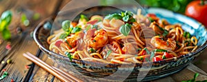 Delicious Spicy Shrimp Pasta with Fresh Herbs, Vegetables, and Asian Flavors in Rustic Kitchen Setting