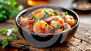 Delicious spicy shrimp stew in a black bowl, rustic wooden table setting. Perfect for food blogs and menus. Homestyle