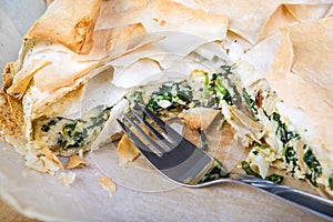 Delicious spinach and feta cheese pie, with filo pastry